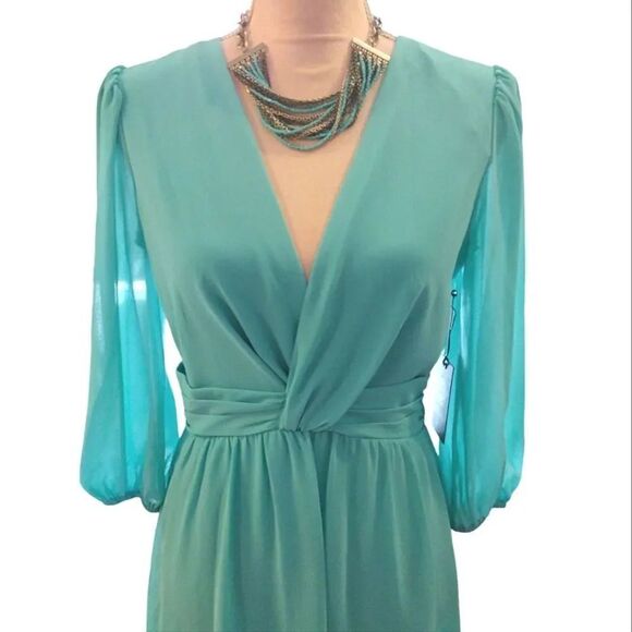 Vince Camuto Turquoise Chiffon Twist Front Balloon Sleeve Dress Size 4 NWT - Picture 4 of 12
